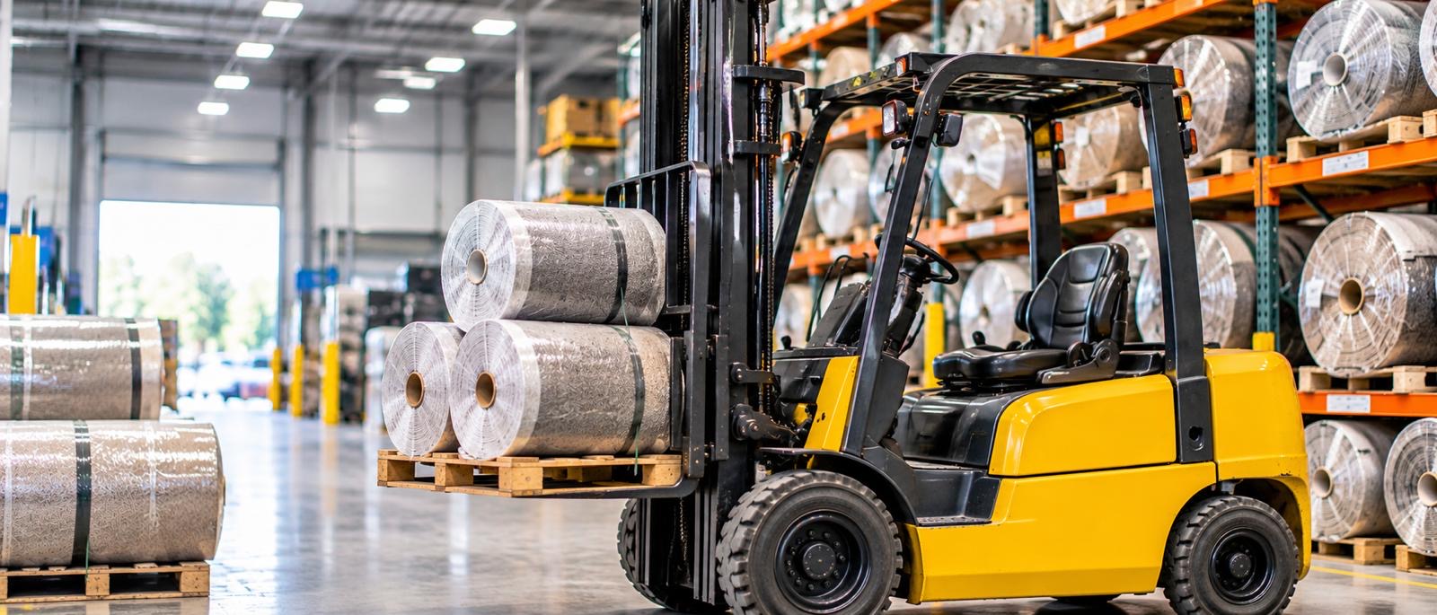 Forklift moving rolls of material through a warehouse